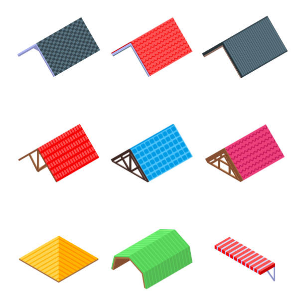 Roof icons set, isometric style Roof icons set. Isometric set of roof vector icons for web design isolated on white background sheet metal rolling stock illustrations