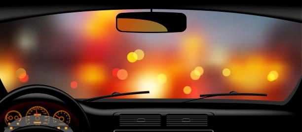 Windshield frame against the backdrop of night city lights from inside the car. Web banner, poster and billboard design. Vector illustration