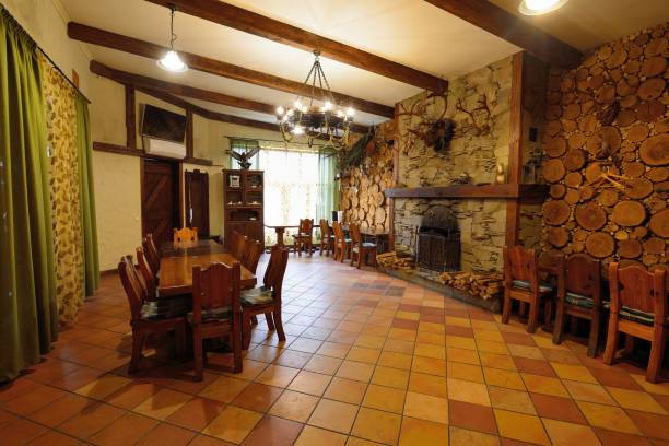 istock Inside view on restaurant, pub vintage wooden interior 2193725544
