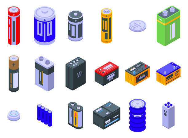 Battery icons set, isometric style Battery icons set. Isometric set of battery vector icons for web design isolated on white background battery stock illustrations