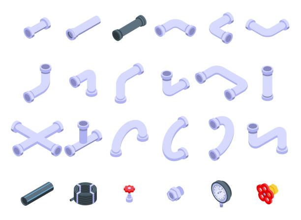 Pipe icons set, isometric style Pipe icons set. Isometric set of pipe vector icons for web design isolated on white background pvc flange stock illustrations