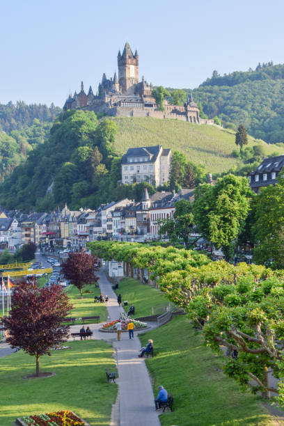 Cochem, Germany - May 19 2018: a view of Cochem castle and town.