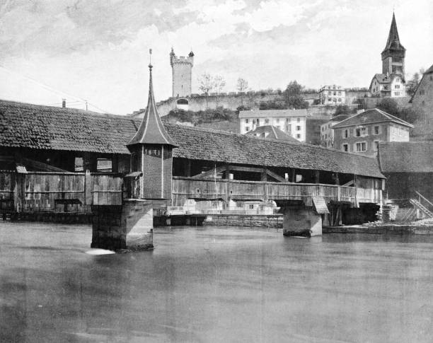 Antique photograph from 19th century French magazine: Lucerne, Pont Des Moulins
