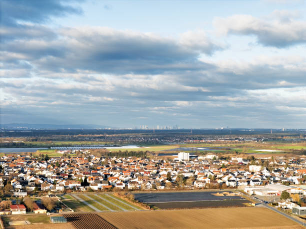 View from Weiterstadt towards Frankfurt with skyline; drone shot