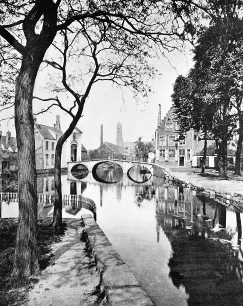 Antique photograph from 19th century French magazine: Bruges, Canal and Beguinage