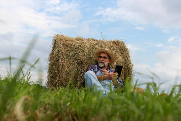 istock Senior modern farmer relaxing on field of grass 2193749379
