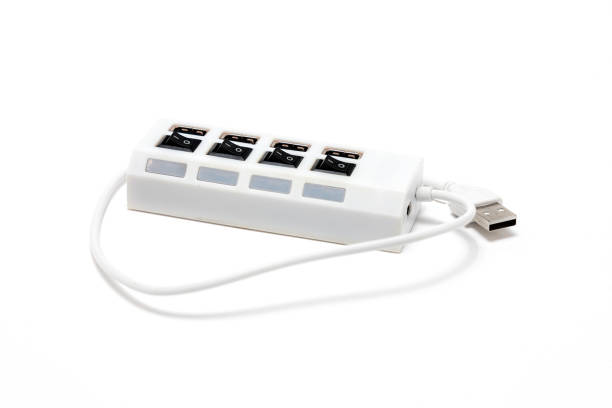 istock Packshot of white USB hub with four ports and on and off module 2193751966