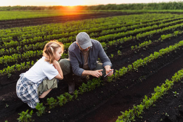 istock Farmer and Child Examining Crops Using Tablet Technology at Sunset 2193755389