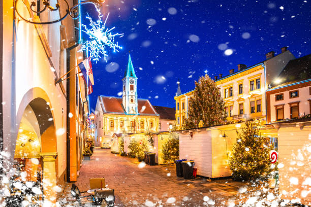 istock Varazdin square Christmas advent market snow view 2193759150