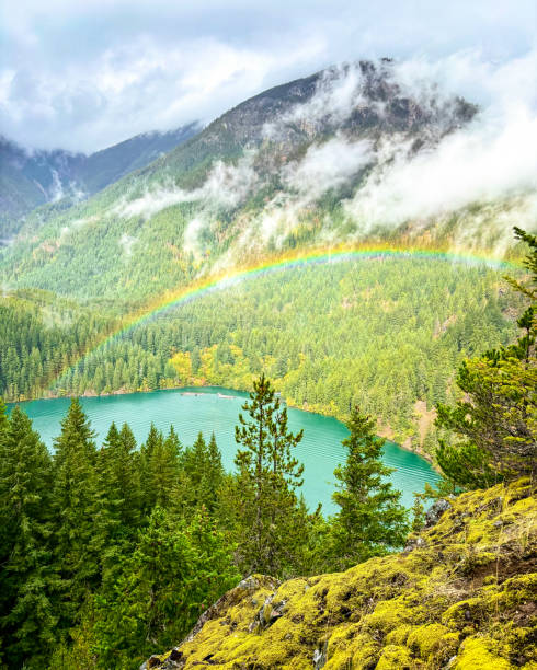 istock Rainbow Over Forested Mountain and Turquoise Lake Under Cloudy Sky 2193763913