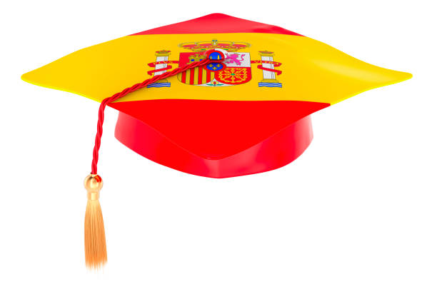 Graduation cap with Spanish flag. Education in Spain or learn Spanish language, concept. 3D rendering isolated on white background