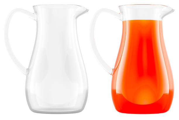 Empty Glass Beverage Pitcher Clear and jug of fruit juice, glass pitcher with orange beverage. 3D rendering isolated on white background