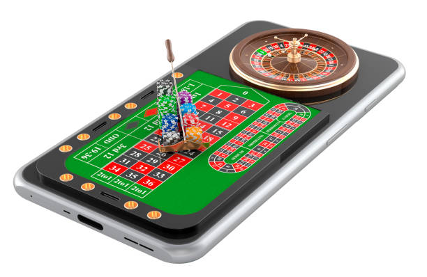 istock Online casino concept. Mobile phone with roulette wheel and casino chips. 3D rendering 2193764334