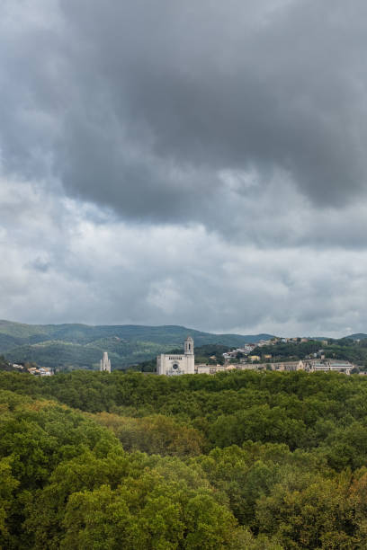A historic view of Girona featuring the cathedral, ancient stone buildings, and green surroundings under a partly cloudy sky.