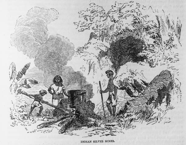 Illustration from Harpers New Monthly Magazine December 1855 - May 1856 -Central American silver miners heat ore in a cauldron over an open fire to extract silver from the ore.