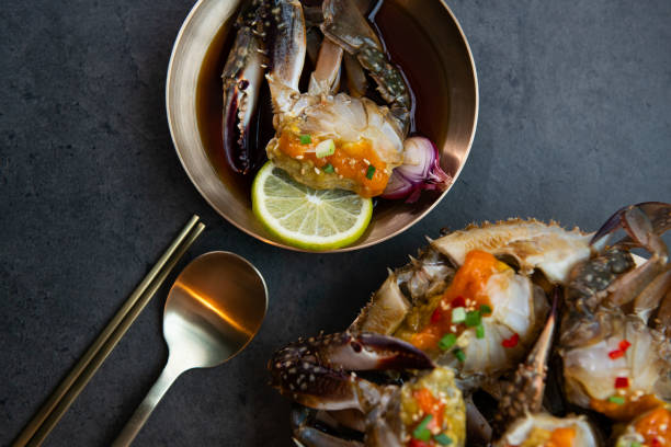 Soy sauce marinated crab on a plate