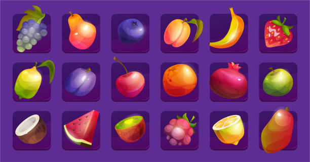 istock Slot gambling machine badges, vector in flat style. Exotic fruits in rows for game UI design. Mango and pear, banana and coconut, apple and pomegranate, watermelon and lemon, plum and raspberry 2193787357