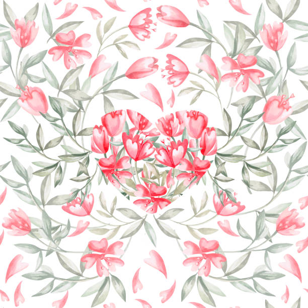 istock Seamless pattern with a heart of flowers on a white background. Watercolor illustration on the theme of Valentine's Day for cafe decoration, printing on postcards, fabric, packaging. 2193788216