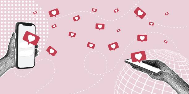 istock A trendy halftone collage. Concept of online communication, congratulating each other, mutual sympathy. Hands holding a modern phone, social media icon in the form of a heart. Trendy retro collage from the 90s 2193791850