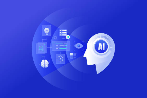 stockillustraties, clipart, cartoons en iconen met agentic ai workflow automation, artificial intelligence ai driven decision-making concept illustration blue background - onafhankelijkheid begrip