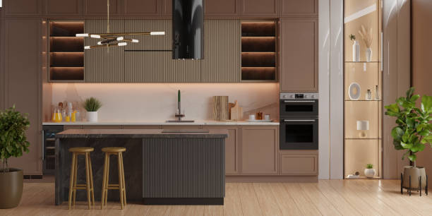 kitchen room interior in brown mocha mousse 2025 color with modern decoration - 3D rendering