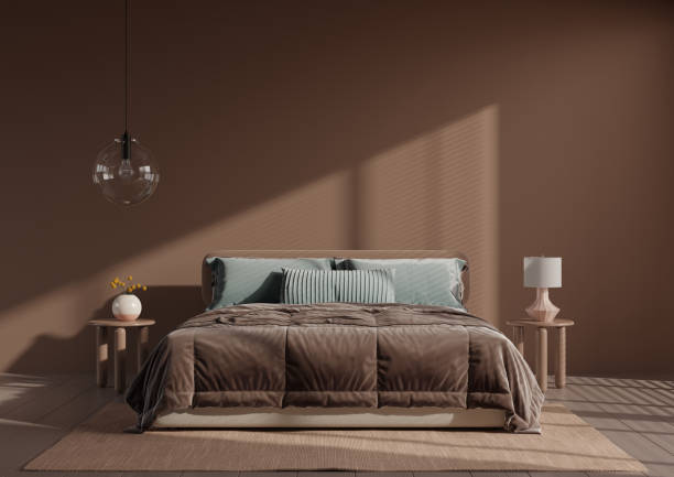 istock Mock up dark bedroom interior in brown mocha mousse 2025 color- 3D rendering 2193797462