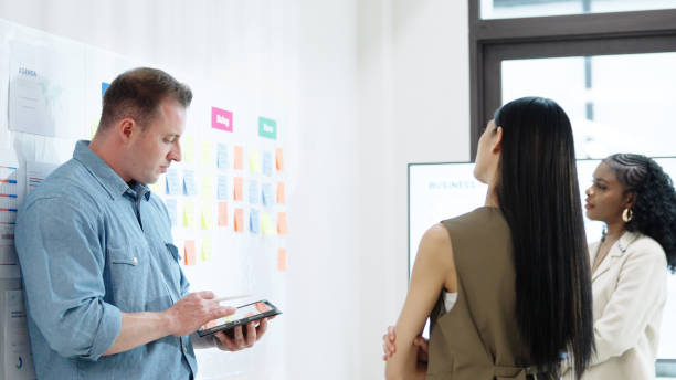 istock Diverse Collaborative Business people discusses tasks and strategies brainstorming with adhesive note board discuss analyzing data or planning strategies in a modern business technology 2193800375