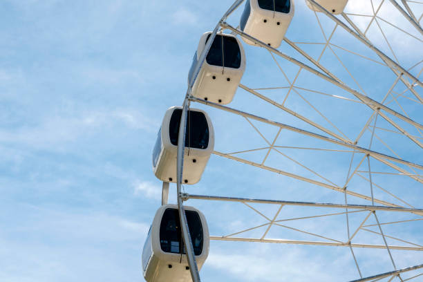 A close-up perspective of a Ferris wheel.