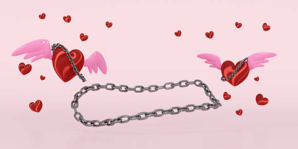 3d winged heart bound by chains isolated on pink background. Happy valentine's day concept, 3d illustration render