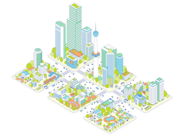 Illustration of isometric cities and residential areas. A train station and a city with a train stop. Cars, buses, and trucks pass by high-rise buildings and roads. Schools and parks with gymnasiums and playgrounds.