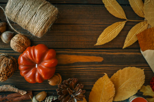 Autumn flat lay composition of leaves and decor, copy space