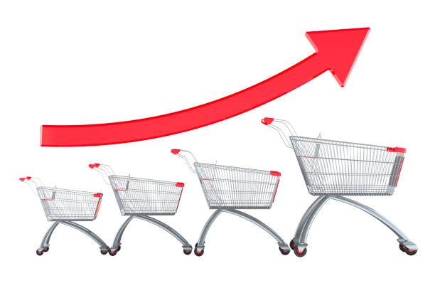 Shopping carts with growing up arrow. 3D rendering isolated on white background