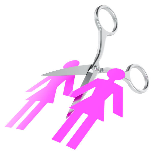 Scissors cutting of lesbian spouses figures. Divorce, separation concept. 3D rendering