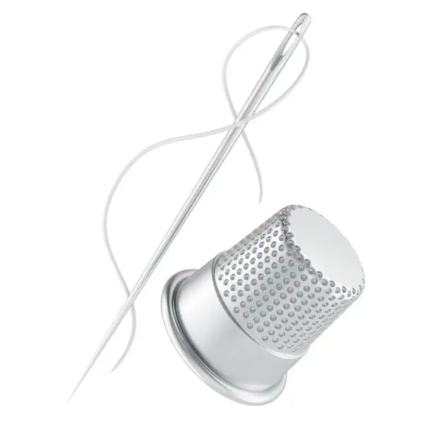 Photo of Thimble and Sewing Needle with Thread, 3D rendering