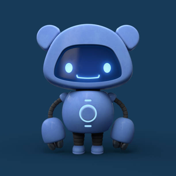 istock 3d render little cute blue robot with bear ears. Friendly kawaii bot with glowing smiling face on the screen. 2193829375