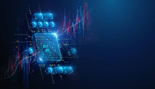 istock Abstract illustration of low poly cpu microchip over stock market graph. Blue geometric background depicting artificial intelligence computing hardware industry growth concept by wireframe mesh 2193831044