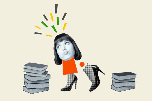 istock Photo collage image young thoughtful girl thinking solution plan idea stacks books smart nerd exam preparation colored background 2193831808