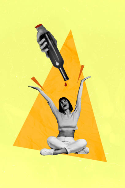 istock Vertical creative collage poster young carefree drunk girl alcohol drink falling drop wine champagne  liquid drawing yellow background 2193831822