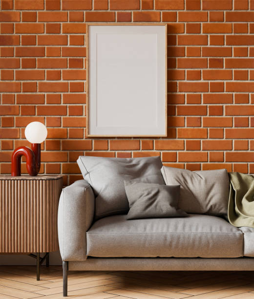 istock Interior living room mockup frame, brick wall poster empty in home design, interior design element mockup, blank frame 3d render 2193832352