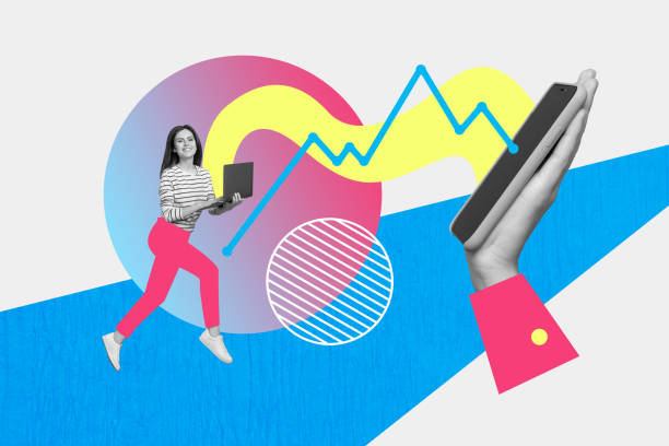 istock Image collage artwork of successful happy woman analyzing financial statistics hand holding phone isolated on drawing background 2193833927
