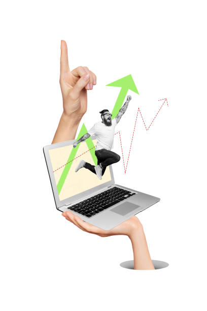 istock Vertical composite creative photo collage of hipster jumping from laptop screen increase earnings isolated on white color background 2193834237