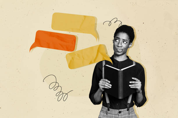 istock Creative photo collage young girl reader hold book thoughtful minded face guessing questioned emotion conversation textbox bubbles forum 2193834782