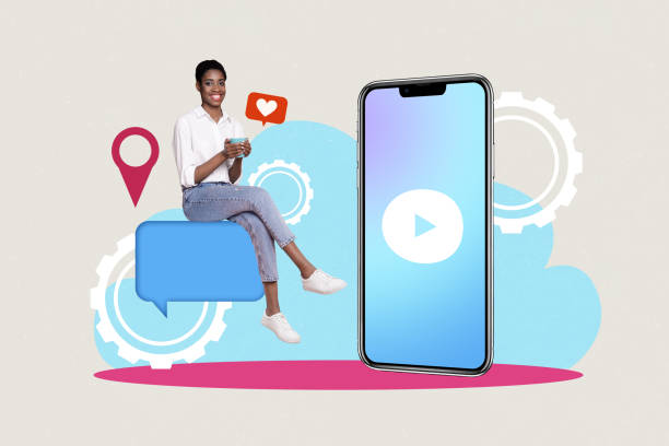 istock Creative abstract artwork collage girl transgender drinking tea and click play button on smartphone isolated on grey color background 2193834814