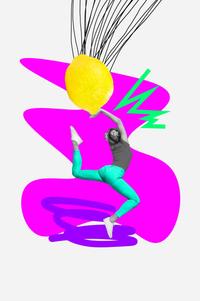 istock Vertical collage creative poster unusual monochrome effect woman practice athletic stretch jump hold large fresh lemon colorful template 2193837165