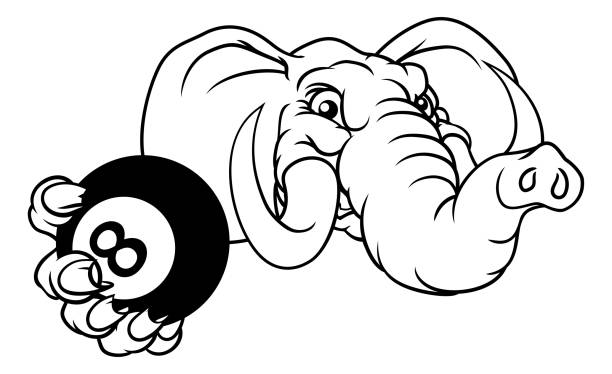 Elephant Pool 8 Ball Billiards Mascot Cartoon An elephant angry mean pool billiards mascot cartoon character holding a black 8 ball. republican elephant logo stock illustrations