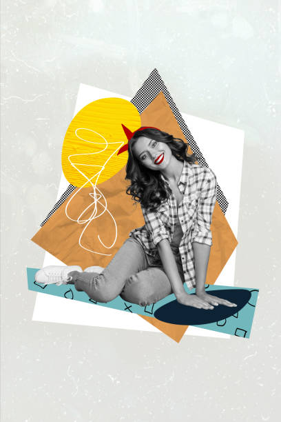 istock Vertical collage creative poster illustration black white filter beautiful cheerful charm young lady pose sale exclusive colorful banner 2193838106