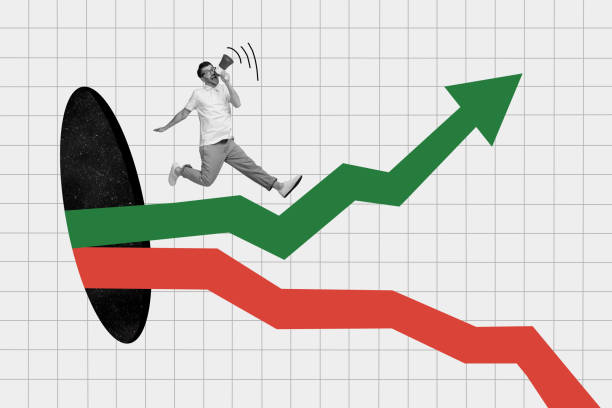 istock Creative collage of mini black white colors guy jump communicate loudspeaker hole big arrow up down indicator isolated on checkered background 2193839863