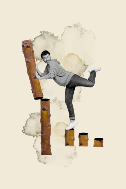 istock Creative vertical collage poster standing young crazy man keep balance one leg cut wooden log clouds surreal background 2193839867