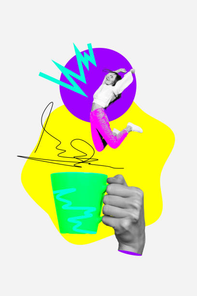 istock Vertical creative collage poster image monochrome effect happy smile excited young lady jump breakfast drink beverage template 2193840246