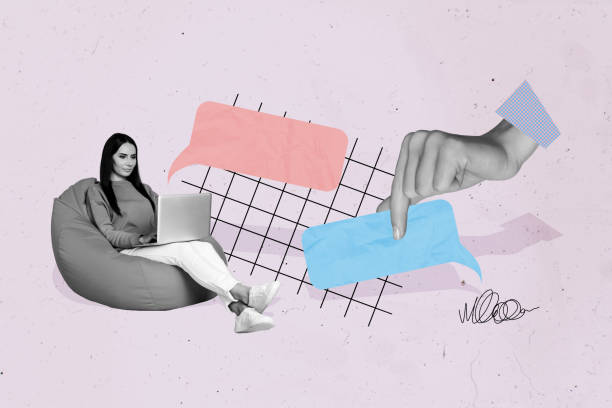 istock Creative collage sitting young freelancer woman communicate online laptop messenger textbox bubble arm pick chatterbox conversation dialog 2193840262